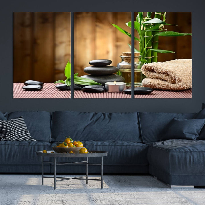 Zen Serenity Triptych Canvas Art, Pink Lotus Flower and Balancing Stones Wall Art, Tranquil Water Lily Canvas Print