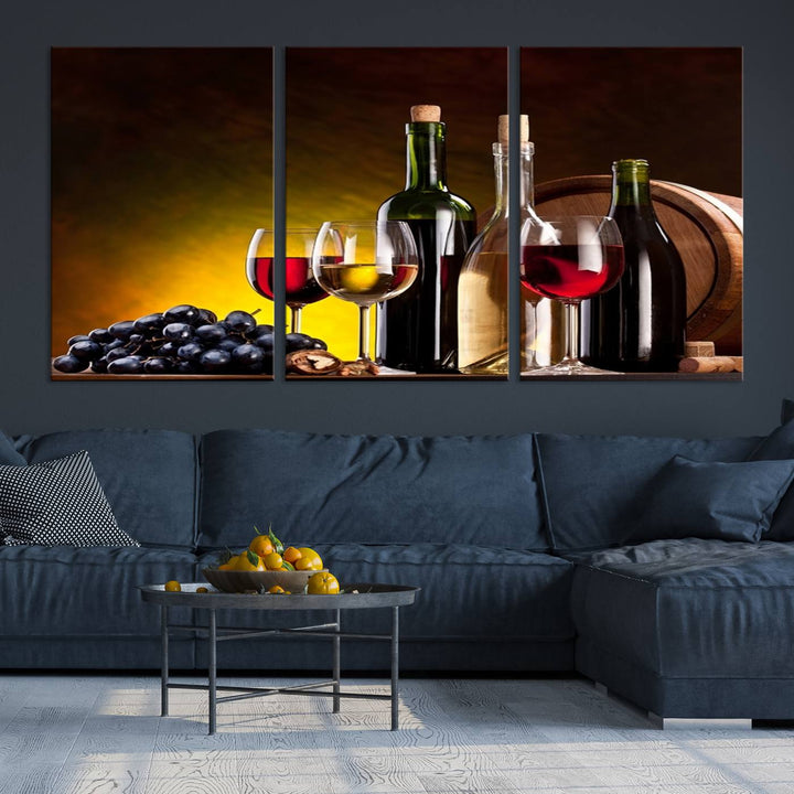 The "Red and White Wine Canvas Print" is a multi-panel design displaying bottles and glasses, adding a professional craftsman's touch to the living room.