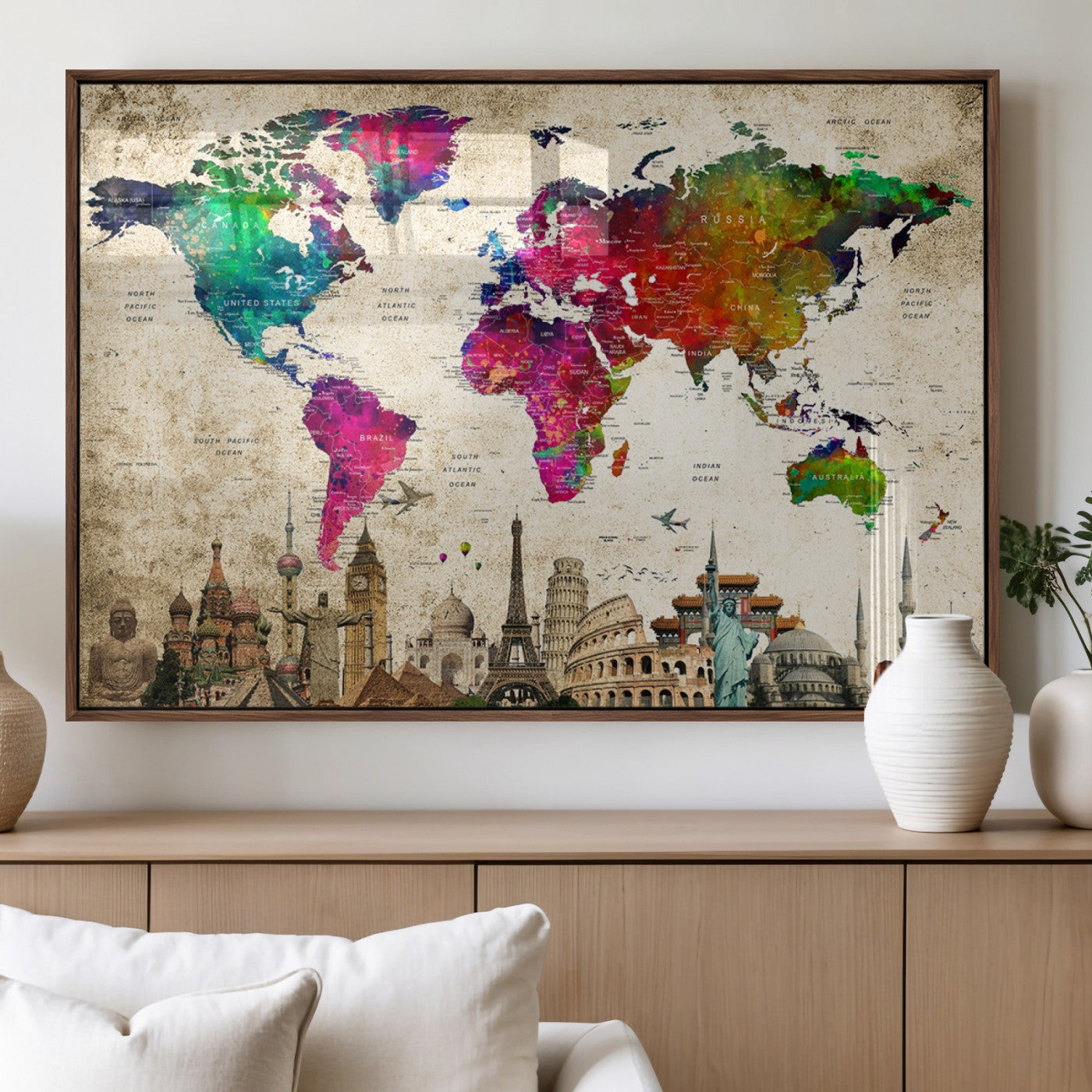 MGV-FP-36X24-3P - Push Pin World Map Canvas Print – Framed Wall Art for Couples to Track Their Travels – Anniversary