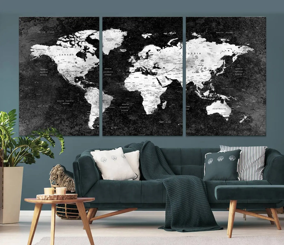 Modern Grayscale World Map 3-Panel Canvas Art | Ready to Hang, Framed | Stylish Minimalist Wall Décor for Home, Office, Living Room, or Study Spaces 