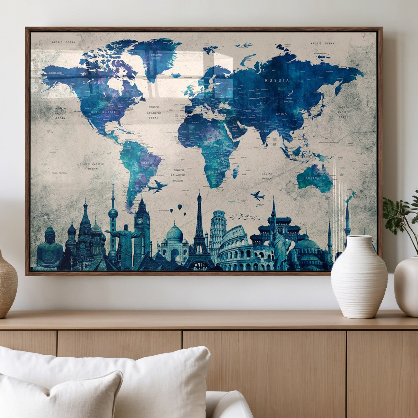 MGV-FP-60X30-3P - Navy Blue World Map Canvas Print, Wonder of World Map Push Pin Canvas Print