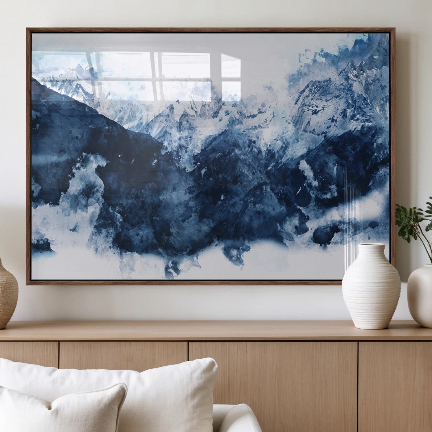 81700-MGV-FP-60X30-3P_Walnut-Abstract Blue Mountain Canvas Wall Art – Modern Triptych Landscape Print – Contemporary Nature Decor for Living Room or Office – Ready to