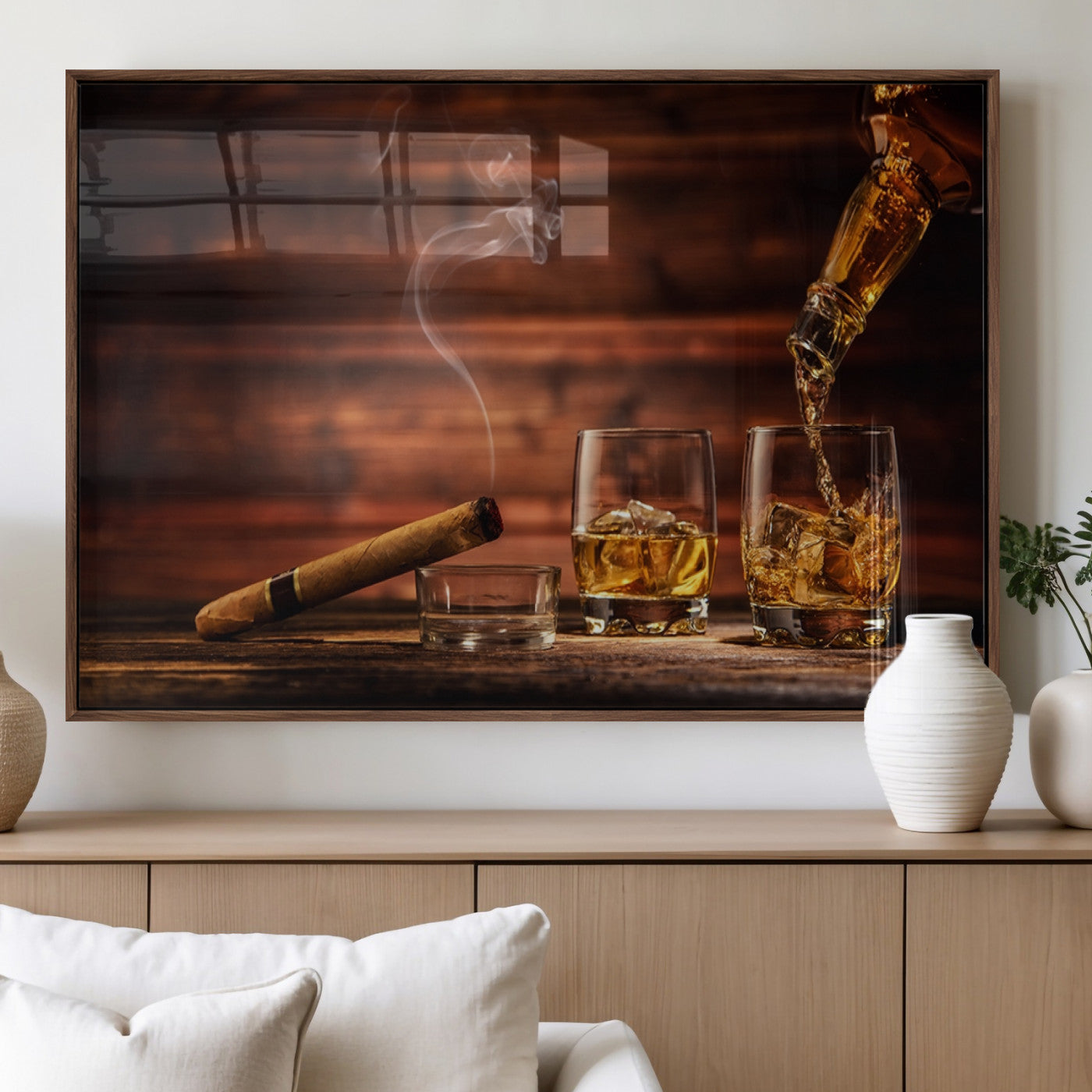 MGV-FP-36X24-3P - Whiskey and Cigar Wall Art Canvas | 3 Panel Bar Room Decor for Home Lounge, Office, or Man Cave |