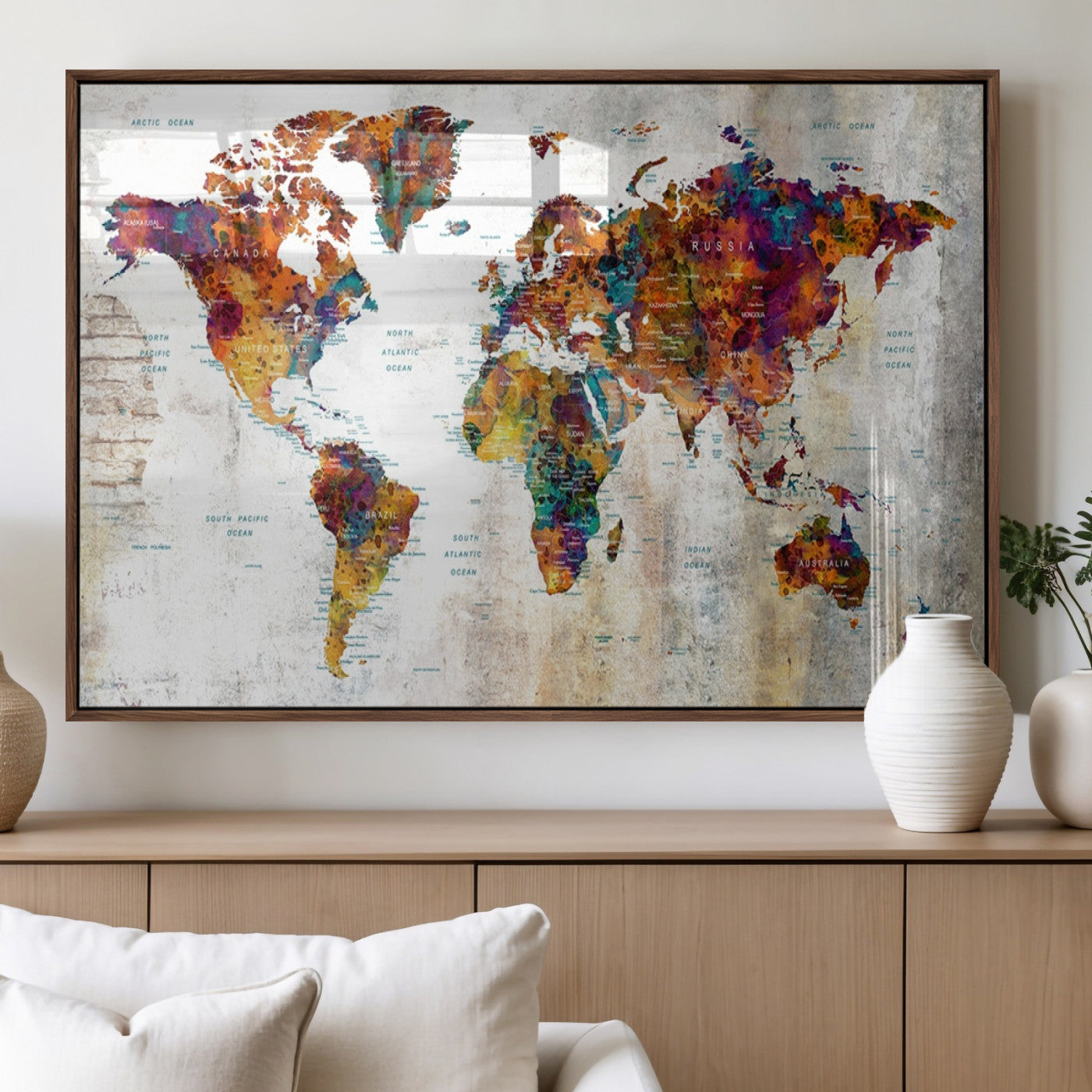 MGV-FP-36X24-3P - Push Pin World Map Canvas Print – Framed Wall Art for Couples to Track Their Travels – Anniversary