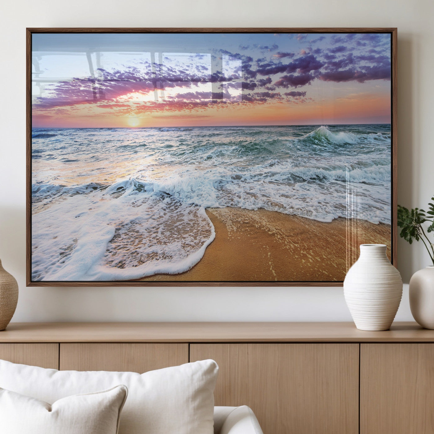 MGV-FP-60X30-3P - Coastal Sunset Art Beach Canvas Wall Art Print | Ocean Waves Wall Art | Large 3-Panel Seascape for