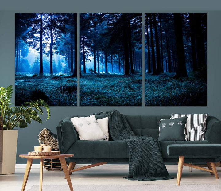 Arte de pared de bosque oscuro místico, lienzo de bosque grande, lienzo de paisaje, arte de pared de múltiples paneles, conjunto de lienzo grande de 3 piezas enmarcado