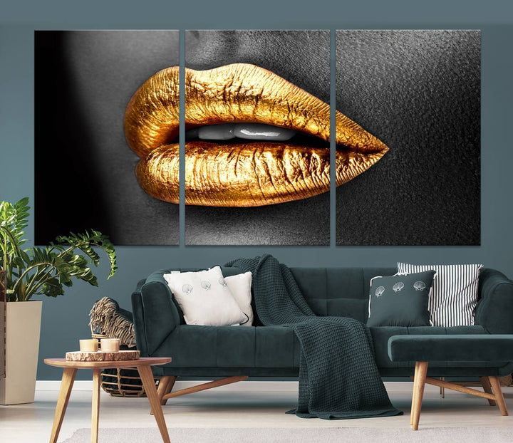 Gold Lips Canvas Wall Art Print Makeup Wall Art Fashion Beauty Canvas Print