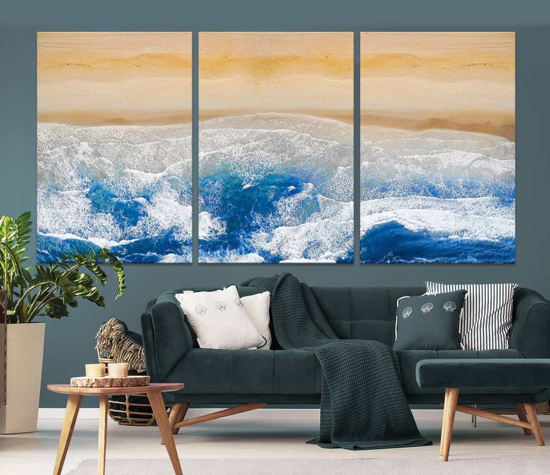 Maravilloso lienzo de playa aérea, impresión artística de pared, paisaje de playa, arte oceánico, pintura abstracta grande, lienzo original enmarcado listo para colgar obras de arte para sala de estar, cocina, dormitorio, decoración del hogar