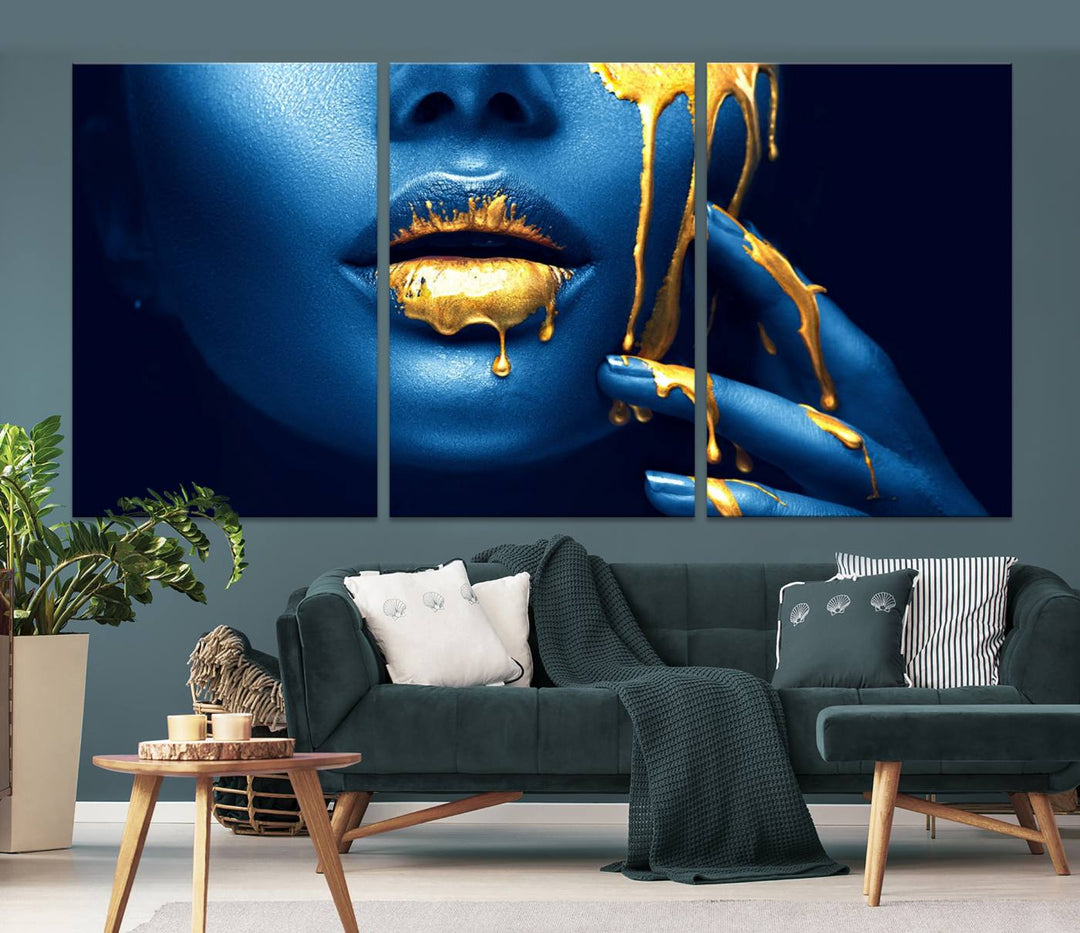 Neón Azul Oro Labios Sensual Fotografía Lienzo Pared Arte Impresión Moda Arte Belleza