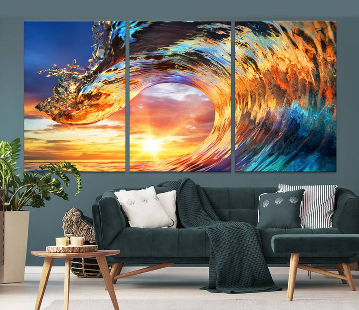 Wave Canvas Wall Art – Multi-Panel Sunset Ocean Scene – Bold and Vibrant Decor for Living Room or Office – Ready to Hang