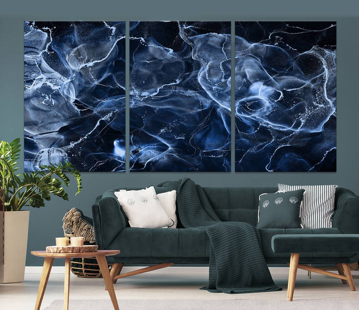 Arte de pared grande con efecto ahumado de mármol azul, lienzo abstracto moderno, impresión artística de pared