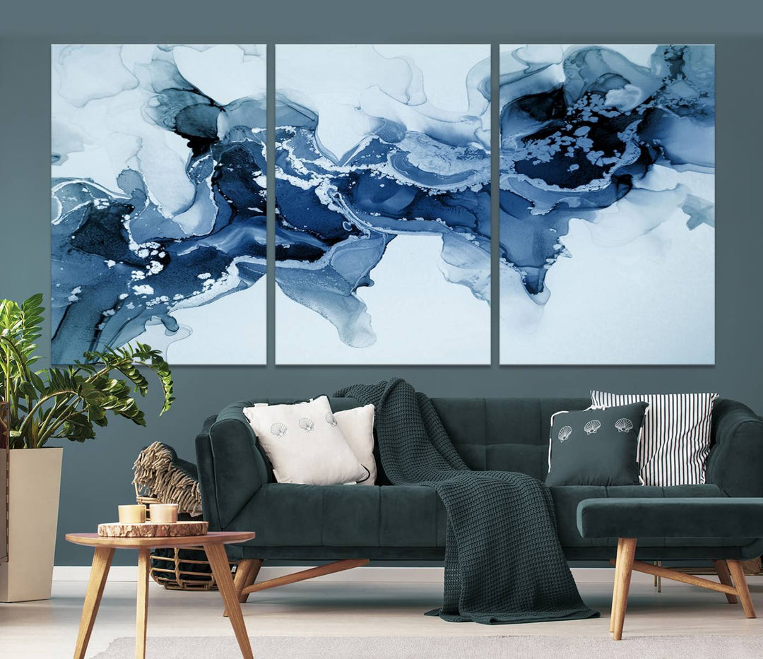 Impression d’art mural sur toile abstraite à effet fluide en marbre bleu glace