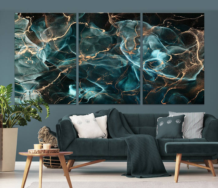 Impression d’art mural sur toile abstraite en marbre bleu néon avec effet Smokey