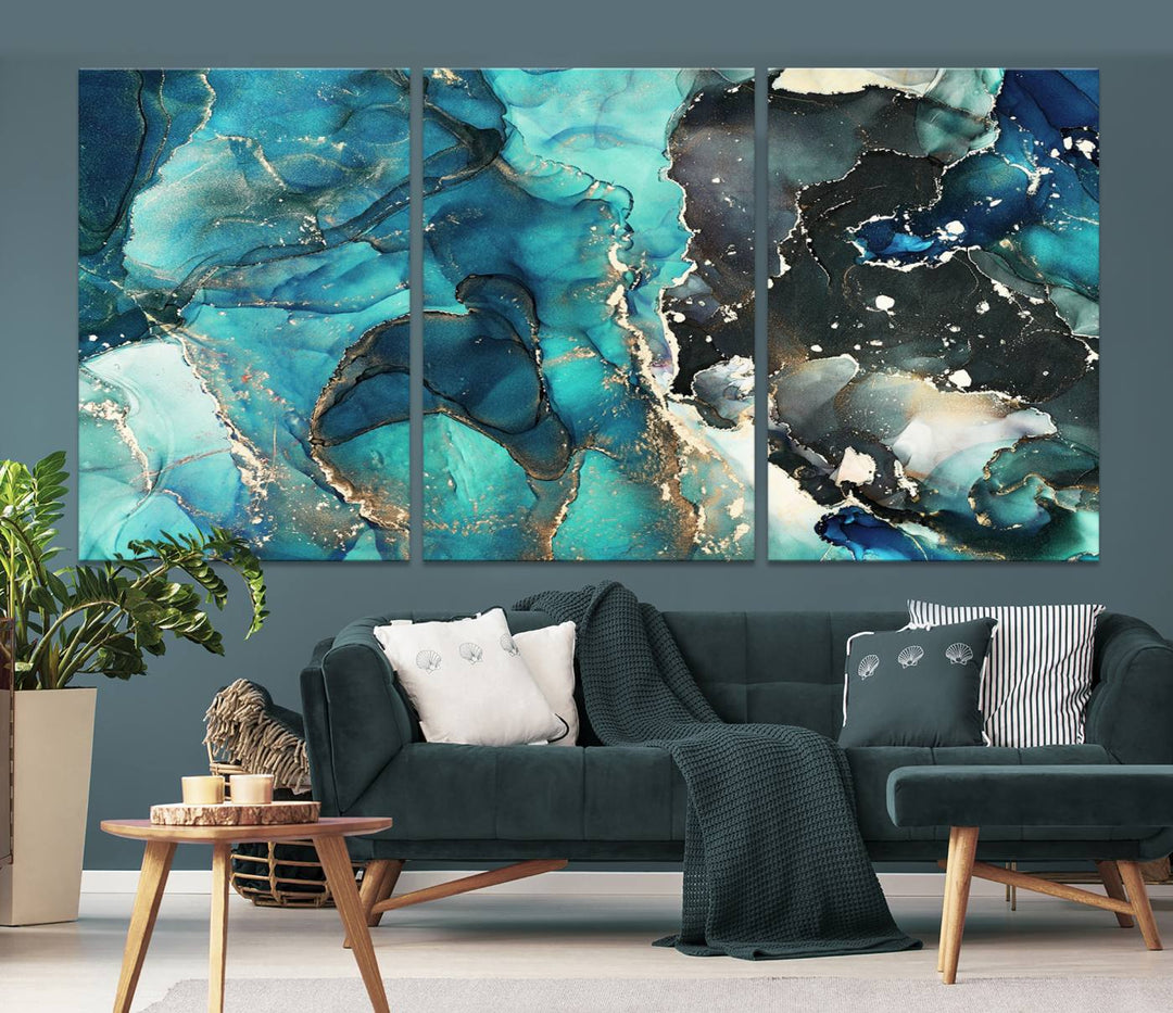 Stylish Teal Color Gold Abstract Canvas Wall Art Print