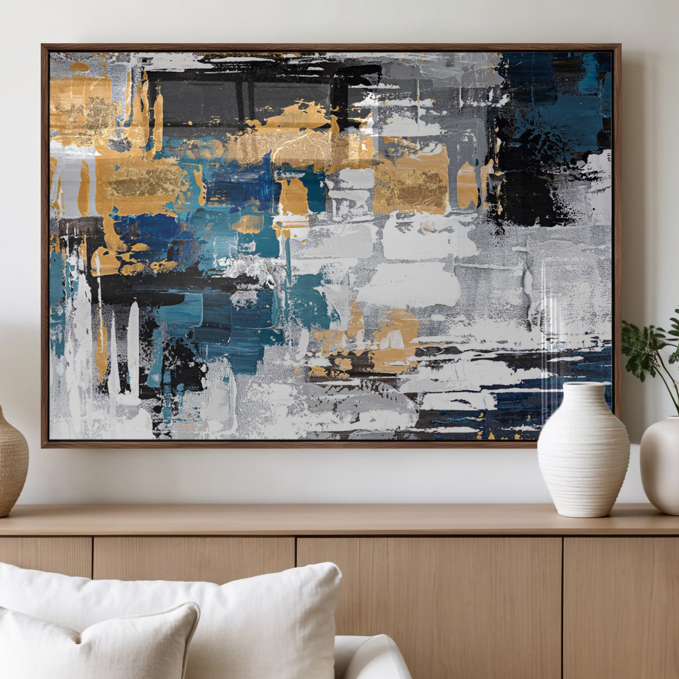 57708-MGV-FP-60X30-3P_Walnut-Blue and Gold Abstract Canvas Wall Art – Triptych Modern Painting for Living Room – Framed and Ready to Hang