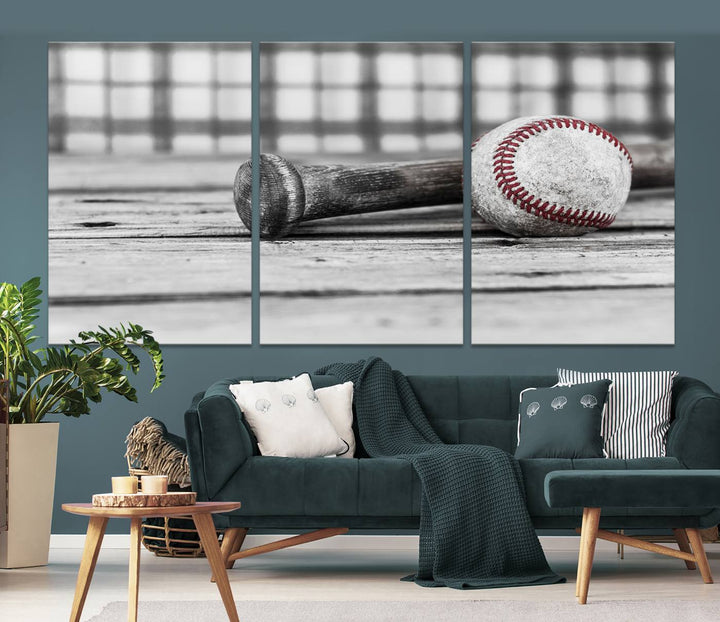 Lienzo de béisbol vintage para pared, impresión de béisbol, arte imprimible, arte retro, deportes, arte de pared, impresión en lienzo grande, varias piezas enmarcadas listas para colgar, juego de 3 paneles de lienzo, fotografía en blanco y negro