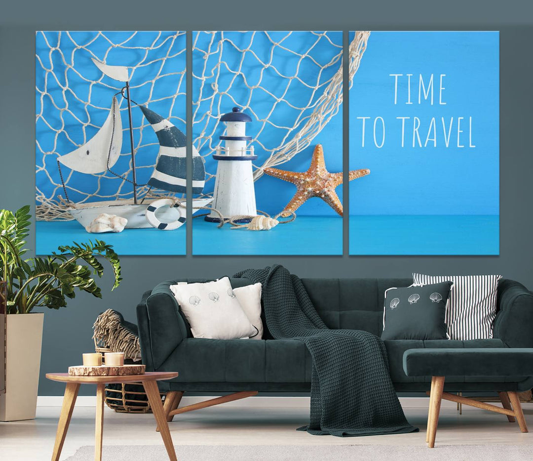 Sailing Boat Starfish and Lighthouse Wall Art Canvas Print