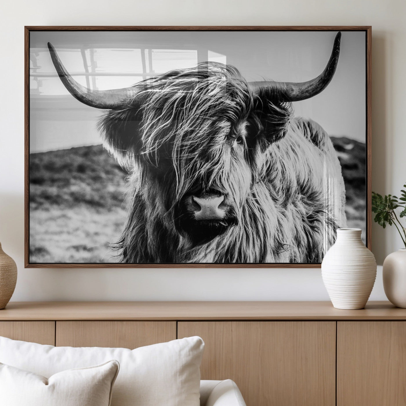 36979-MGV-CV-36X24 - Handsome Scottish Cow Black and White Wall Decor Canvas Art Print Extra Large Wall Art Highland Cattle Canvas Picture Animal Art Nature Photography High Quality Original Canvas Framed Ready to Hang