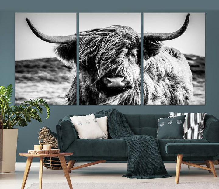 Scottish Cow Black and White Wall Canvas Art Print Farm House