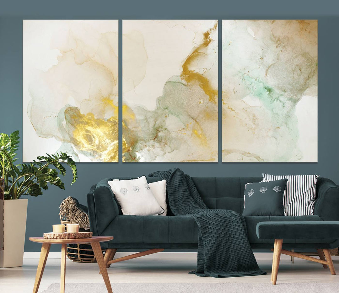 Arte de pared grande con efecto fluido de mármol amarillo, lienzo abstracto moderno, impresión artística de pared