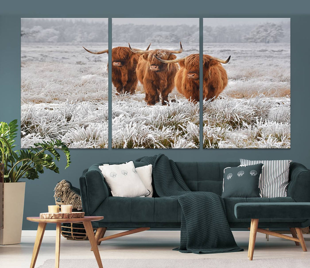 Vaches des Highlands dans la neige Art sur toile Highland Cattle Picture Art Farmhouse Art