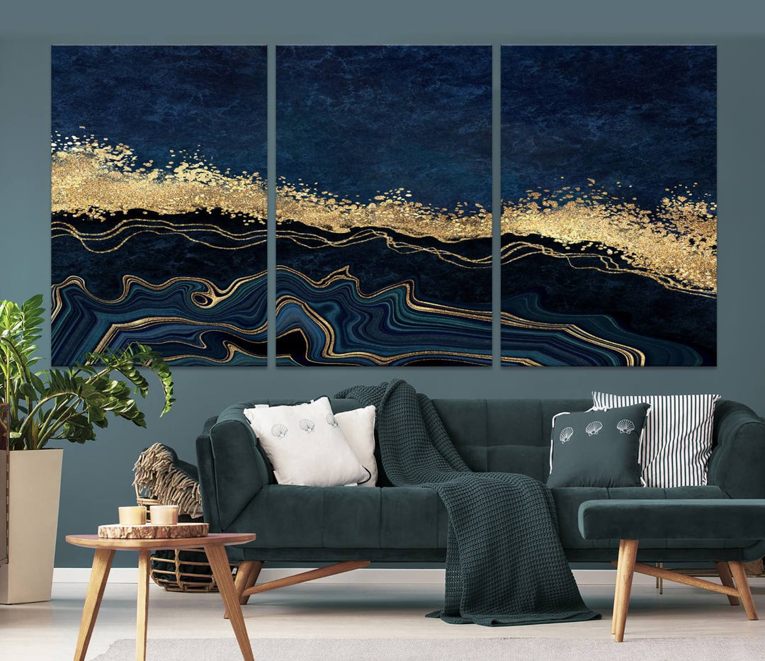 Navy Blue Marble Fluid Effect Large Wall Art Modern Abstract Canvas Wall Art Print