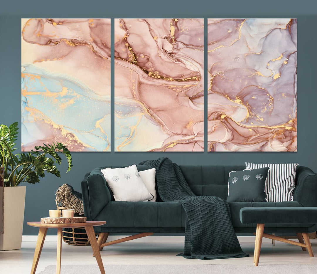 Arte de pared grande con efecto fluido de mármol dorado rosa, lienzo abstracto moderno, impresión artística de pared