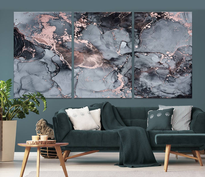 Impresión de arte de pared grande con efecto fluido de mármol gris y oro rosa, lienzo abstracto moderno