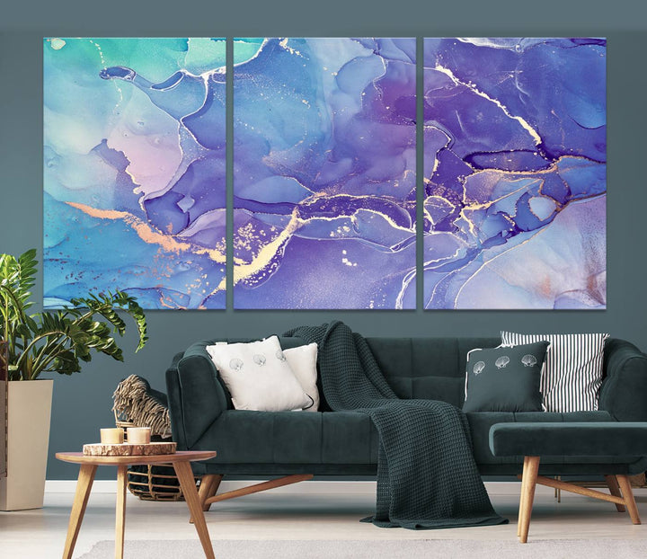 Arte de pared grande con efecto fluido de mármol azul y morado, lienzo abstracto moderno, impresión artística de pared