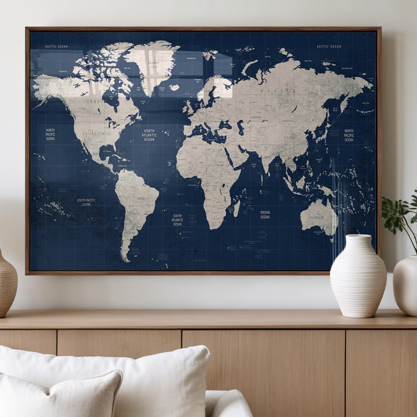 17866-MGV-FP-60X30-3P_Walnut-Push Pin World Map Canvas Print – Framed Wall Art for Couples to Track Their Travels – Anniversary