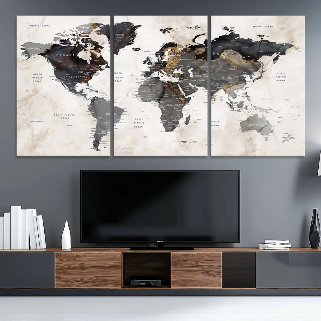 The dining room wall is adorned with the World Map Canvas Print – Earthy Triptych Wall Art, a vintage global map decor featuring dark continents.