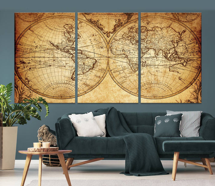 Vintage World Map Wall Art | 3-Panel Canvas Print for Living Room, Office, or Study | Giclee Canvas with Antique Design