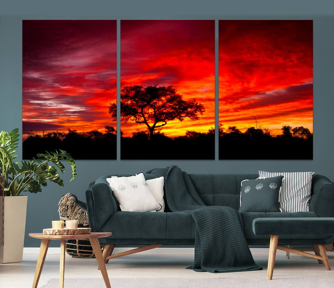 Red Sunset Landscape Artwork Printing, Forest Tree Wall Art Canvas Print