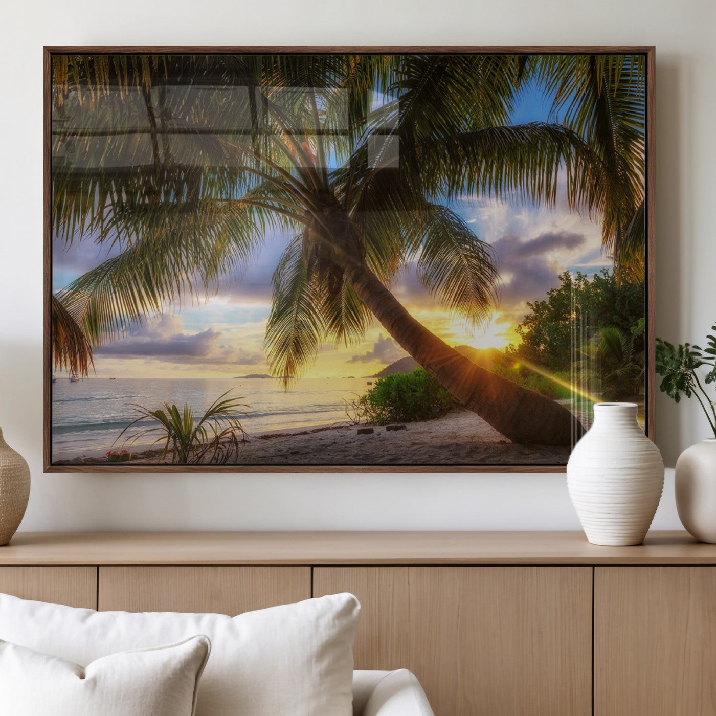 MGV-FP-60X30-3P - Tropical Island Sunset on the Beach Palms Wall Art Canvas Print