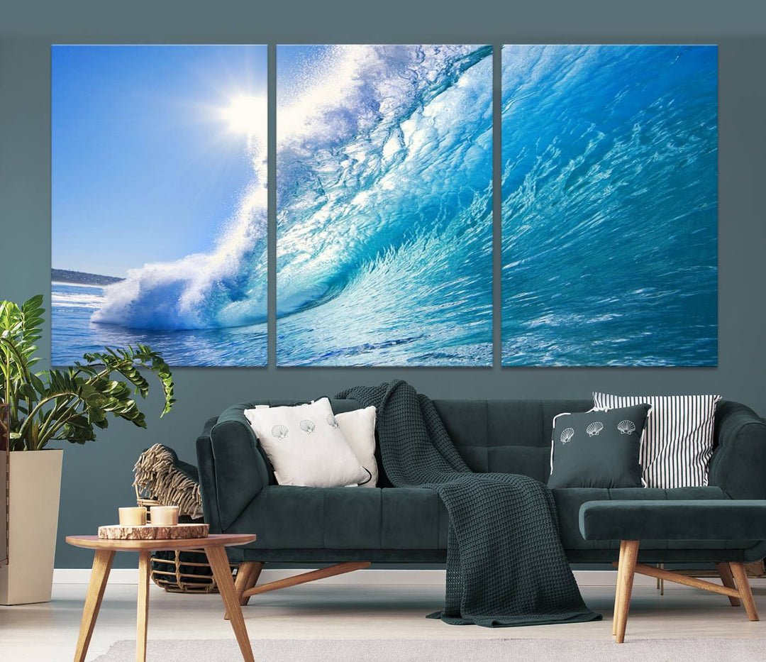 Blue Big Wave Surfing Ocean Canvas Wall Art Artwork Print , Surf Wall Art, Sea Wall Art