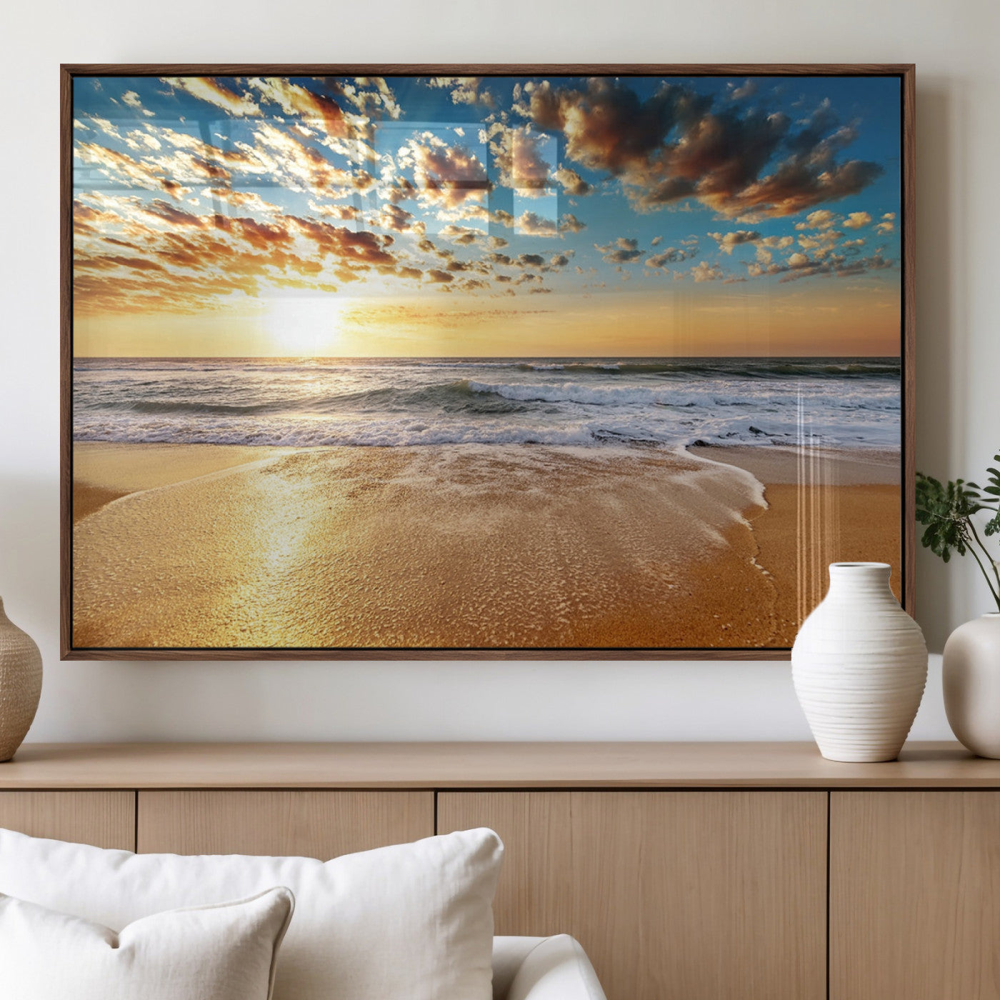 MGV-FP-36X24-3P - Golden Sunset Beach Print Canvas Wall Art, Giclee Canvas Print with Canon Print Quality, Triptych