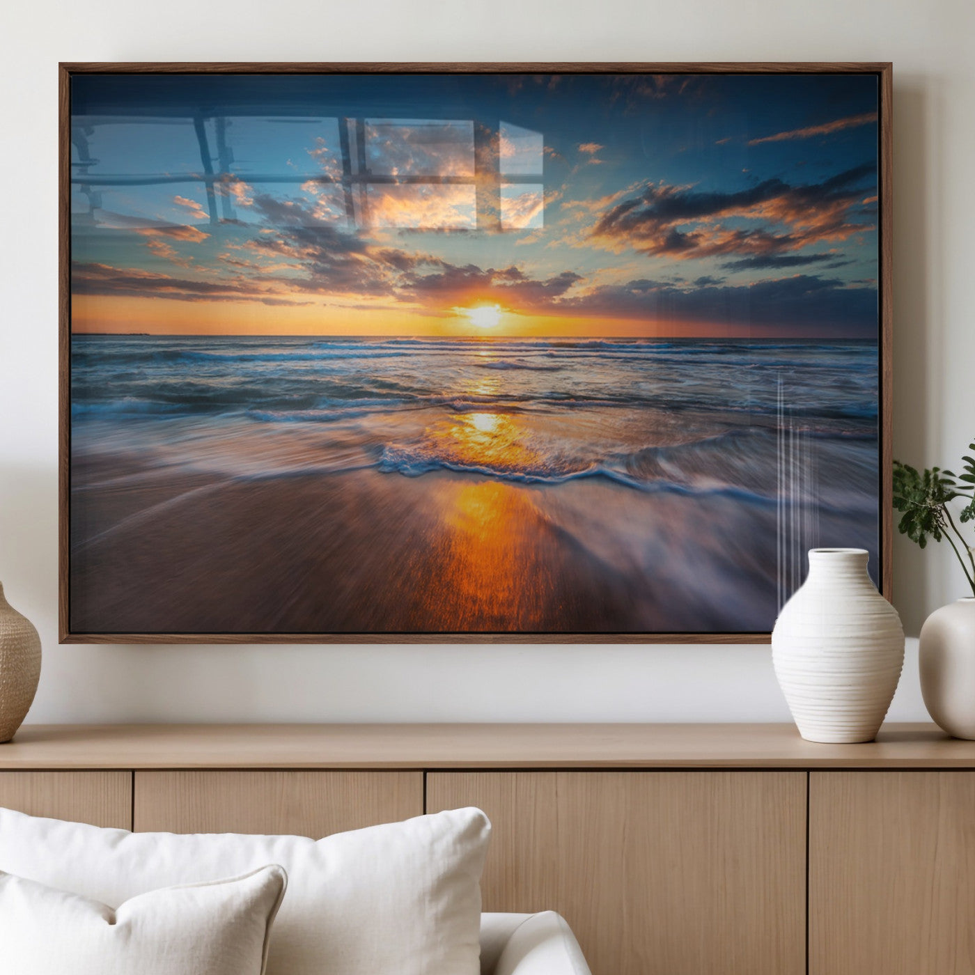 MGV-FP-36X24-3P - Sunset on the Ocean Beach with Waves, Reflections on Sand, Coastal Wall Art Print, Beach Wall Art,