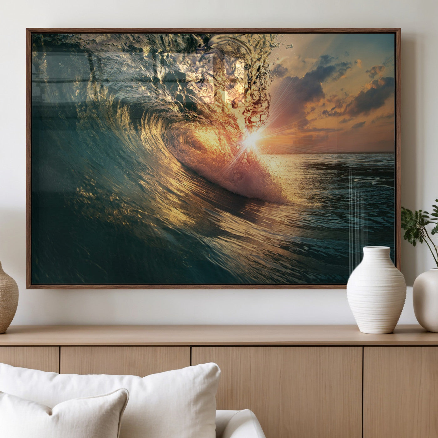 MGV-FP-36X24-3P - Ocean Wave Sunset Canvas Wall Art – Triptych Seascape Print – Framed and Ready to Hang for Living