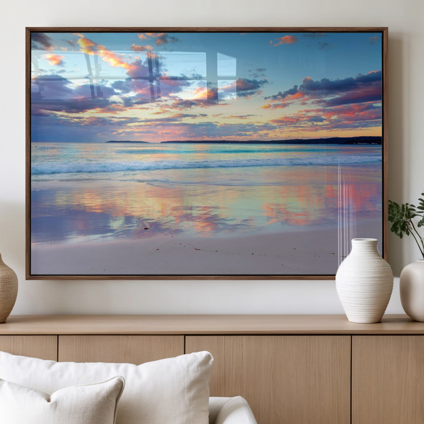 MGV-FP-36X24-3P - Tranquil Pastel Sunset Beach Triptych Canvas Art, Soothing Coastal Ocean Shoreline Giclee Print,