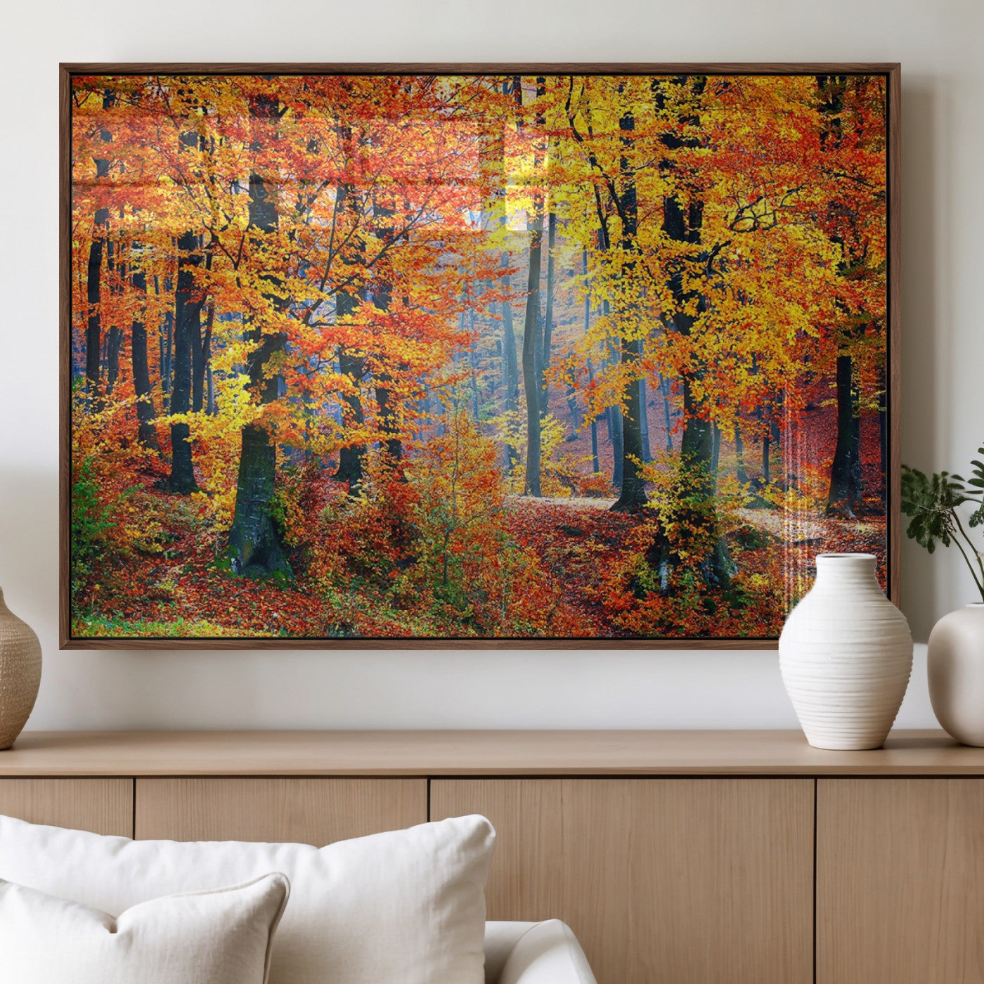 MGV-FP-36X24-3P - Autumn Red Forest Triptych Canvas Wall Art Print, Forest Wall Decor, Fall Landscape Art | Season