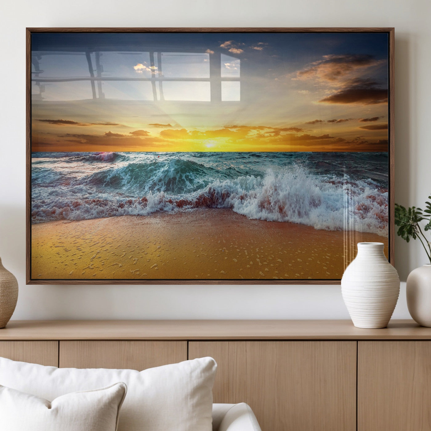 73401-MGV-FP-36X24-3P_Walnut-Golden Sunset Ocean Waves Wall Art Canvas Print – Multi Panel Beach Canvas Print Set – Large Coastal