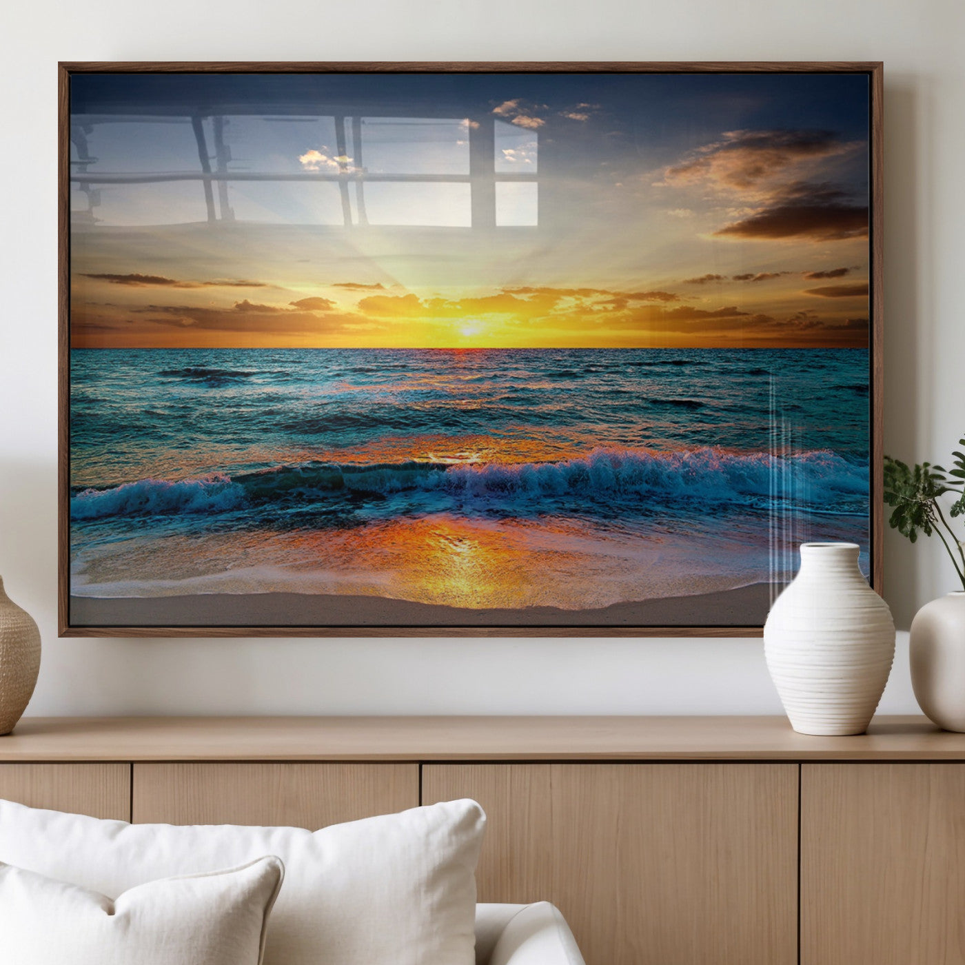 50627-MGV-FP-36X24-3P_Walnut-Vibrant Ocean Sunrise Over Golden Beach Waves, Giclee Canvas Wall Art Set, High-Quality Stretched