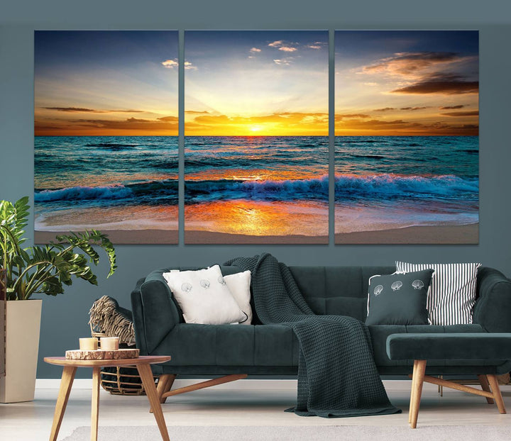 Vibrant Ocean Sunrise Over Golden Beach Waves, Giclee Canvas Wall Art Set, High-Quality Stretched Canvas Print, Ready to Hang Coastal Sunset Wall