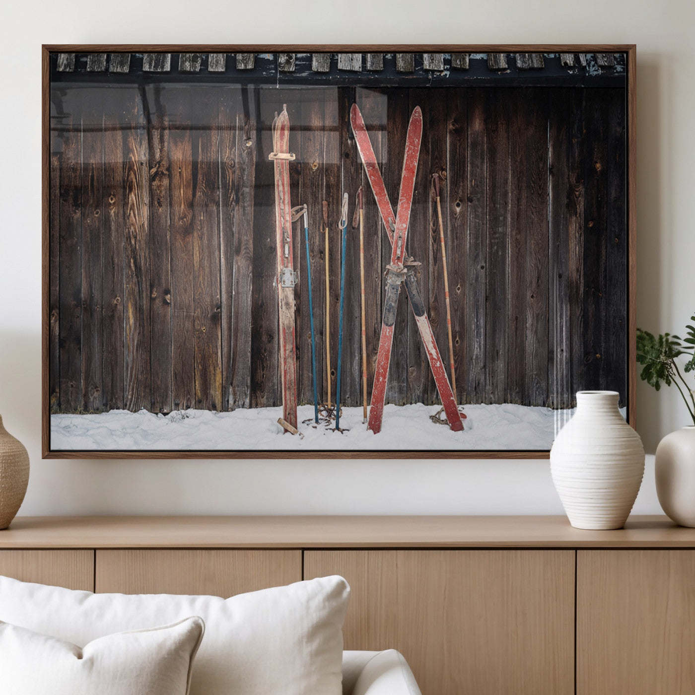 MGV-FP-36X24-3P - Vintage Ski Gear Canvas Print, Vintage Ski Gear Against Wooden Cabin Wall, Rustic Winter Sports