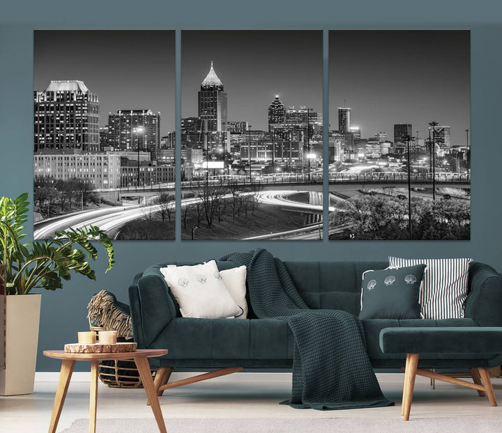 Atlanta City Lights Skyline Art mural noir et blanc Paysage urbain Impression sur toile