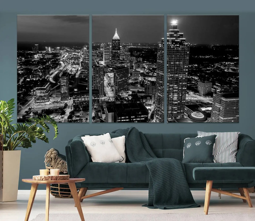 The Atlanta City Lights Skyline Black and White Wall Art Cityscape Canvas Print is elegantly displayed on the wall. These museum-quality canvases arrive ready to hang, making your art display both effortless and sophisticated.