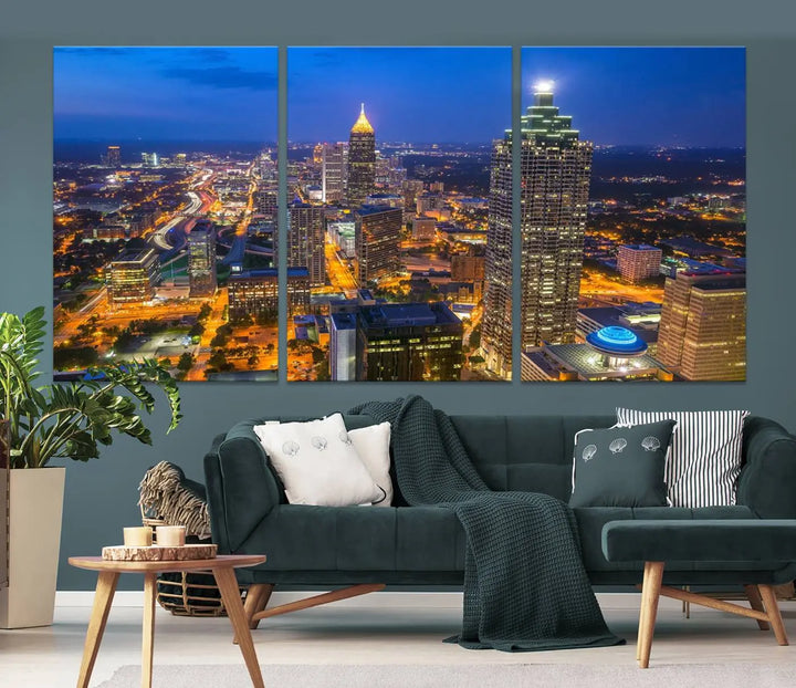 An elegant Atlanta City Blue Skyline Cityscape View Wall Art Canvas Print graces the wall, offering a sophisticated addition to your living space. Enjoy free shipping on this stylish piece.