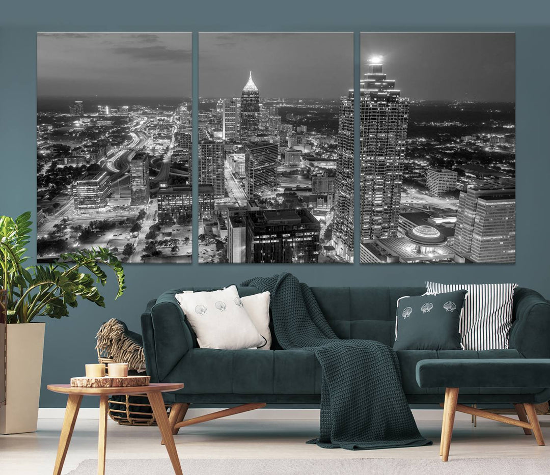 Atlanta City Skyline Art mural noir et blanc Paysage urbain Impression sur toile