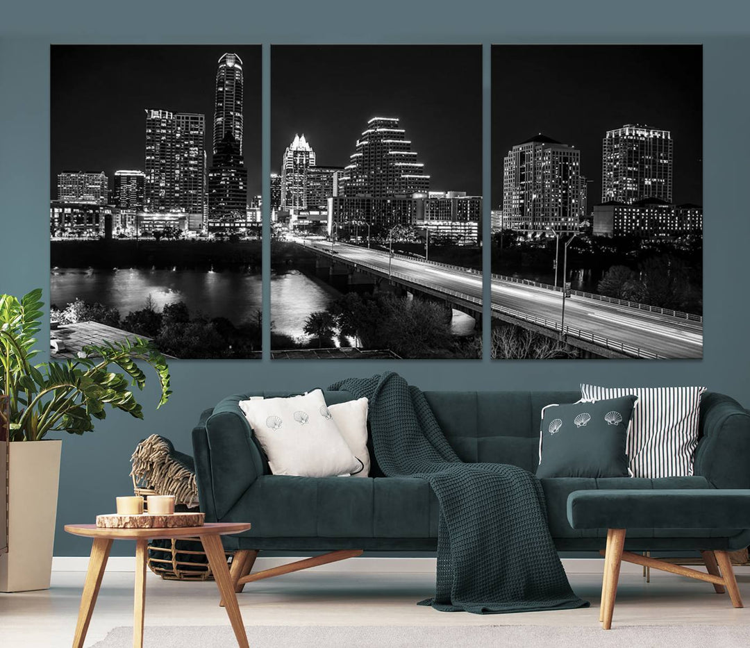 Austin City Lights Skyline Arte de pared en blanco y negro Paisaje urbano Lienzo