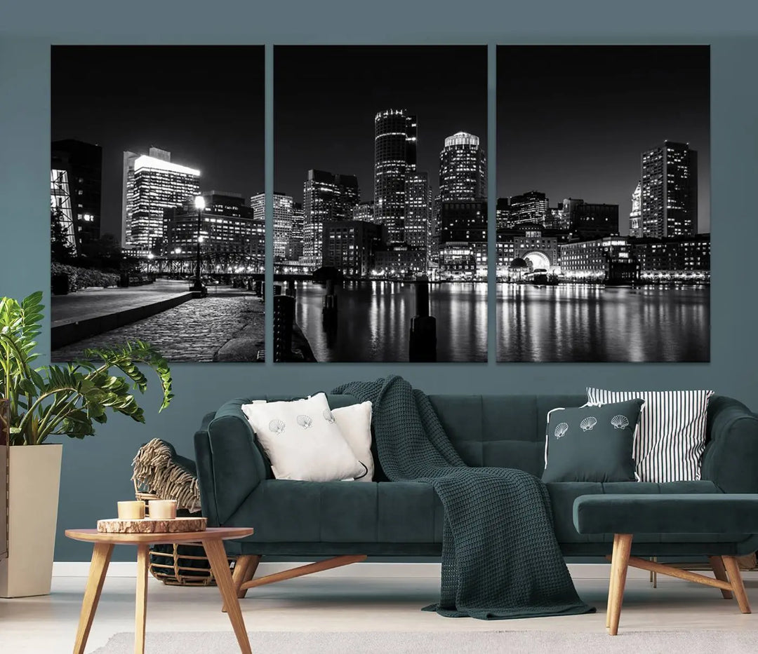 The living room showcases the Boston City Lights Skyline Black and White Wall Art Canvas Print.